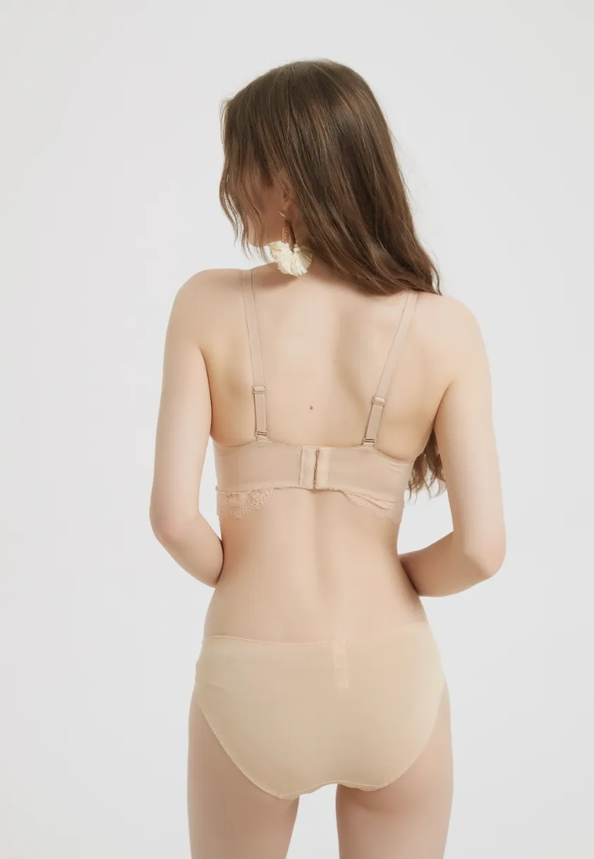 Beige Bow-Detail Corset Bra and Lace Panty Set