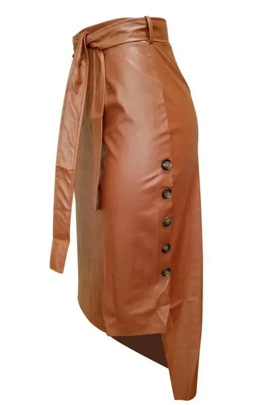 Belted Leather Pencil Midi Skirt with Slit