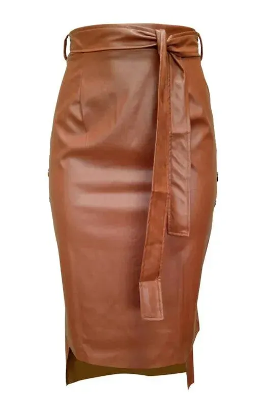 Belted Leather Pencil Midi Skirt with Slit
