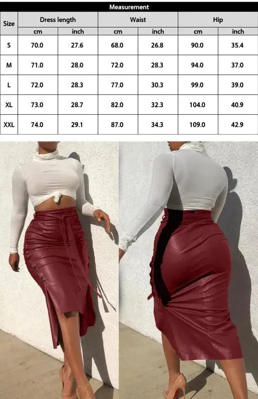 Belted Leather Pencil Midi Skirt with Slit