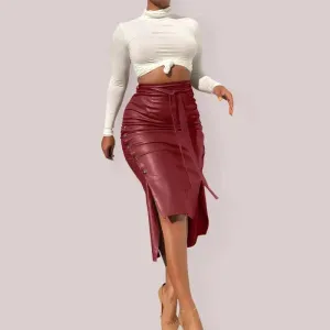 Belted Leather Pencil Midi Skirt with Slit
