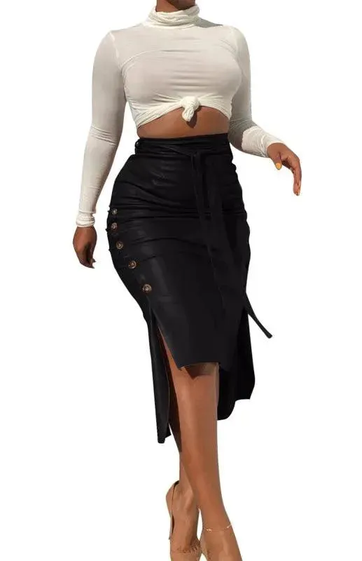 Belted Leather Pencil Midi Skirt with Slit