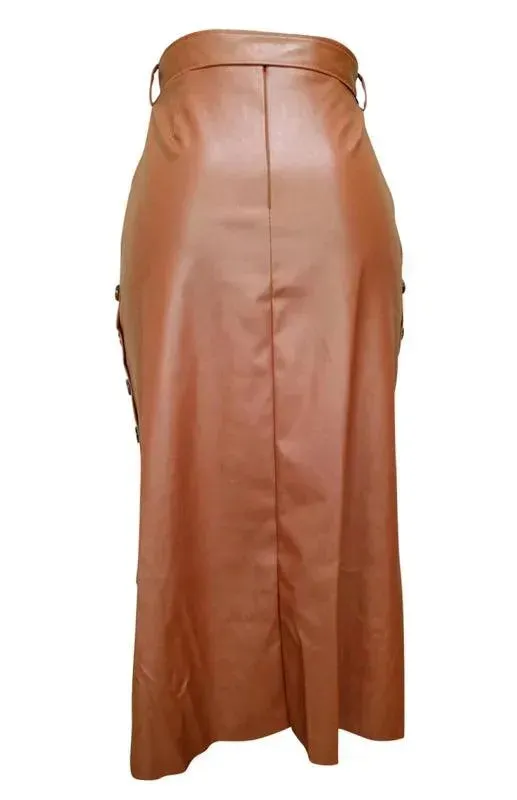 Belted Leather Pencil Midi Skirt with Slit