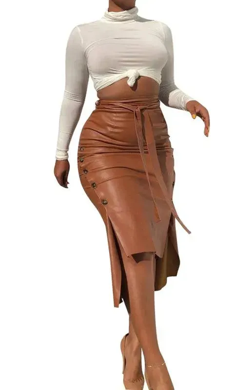 Belted Leather Pencil Midi Skirt with Slit