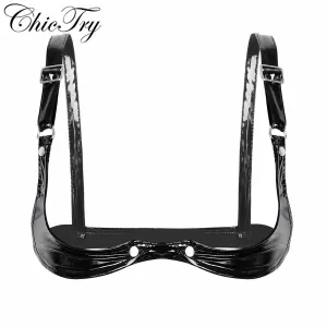 Fashion Women Sexy Adjustable Spaghetti Straps Bra Lingerie Wetlook Faux Leather Open Cup Bra Top for Clubwear Party Costumes