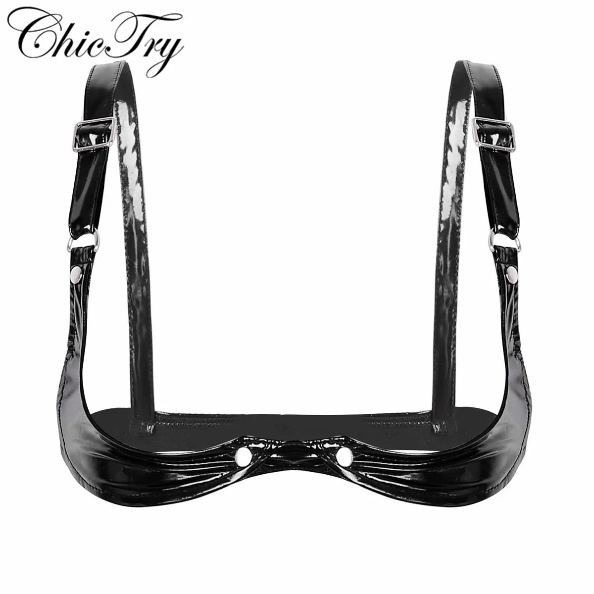 Fashion Women Sexy Adjustable Spaghetti Straps Bra Lingerie Wetlook Faux Leather Open Cup Bra Top for Clubwear Party Costumes