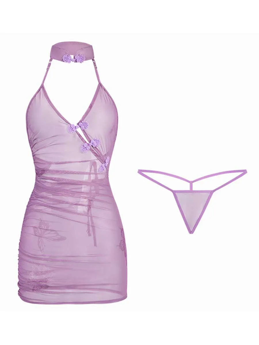 Purple Butterfly Print Vintage Lingerie Dress