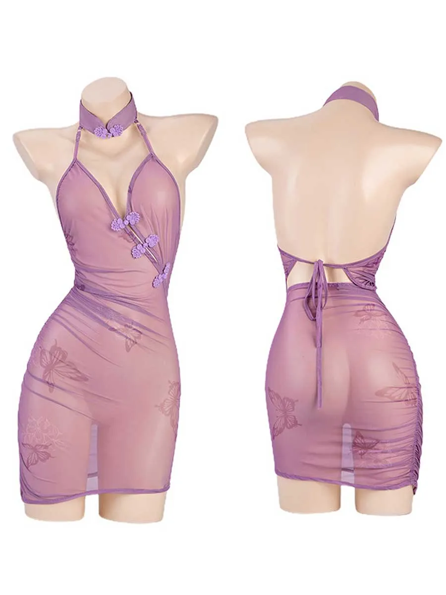 Purple Butterfly Print Vintage Lingerie Dress