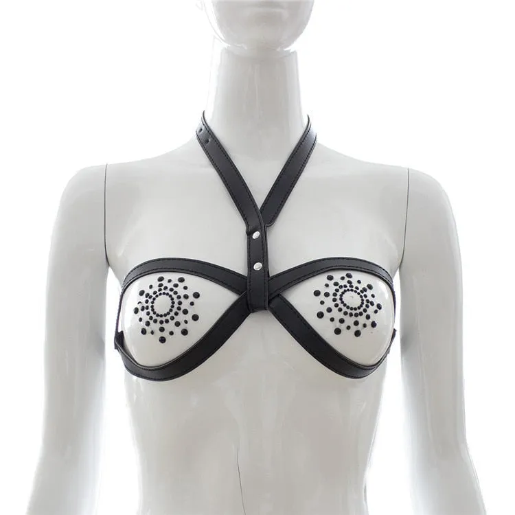 Sexy Underwear Leather Bra Bondage Flirting Toys Fetish Adjustable Collar Open Bra And Nipple Cover Chastity Lingerie For Women