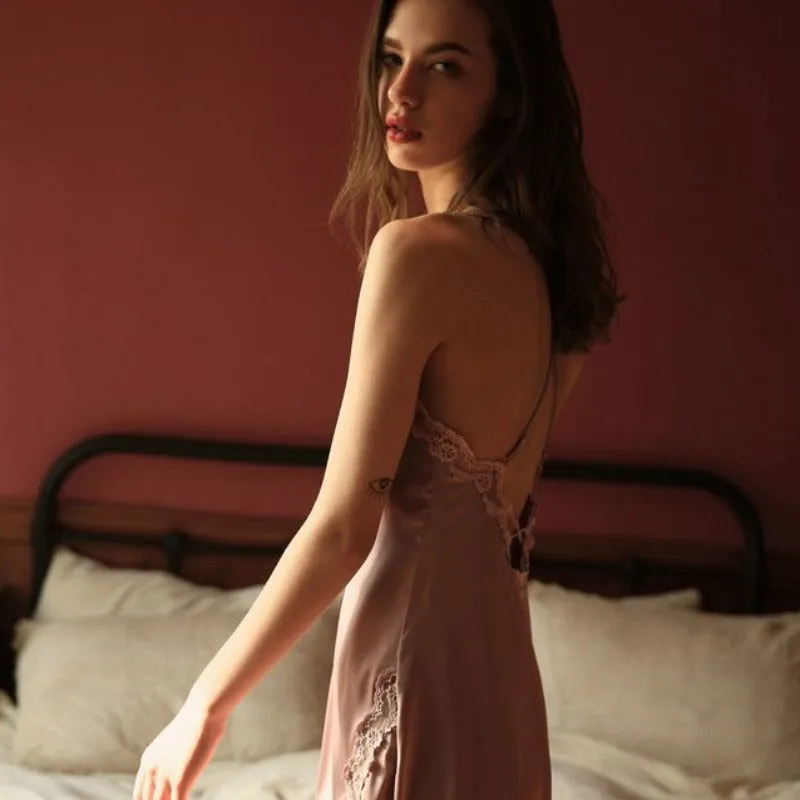 Silk Nightgown with Deep Laced up V-Neck