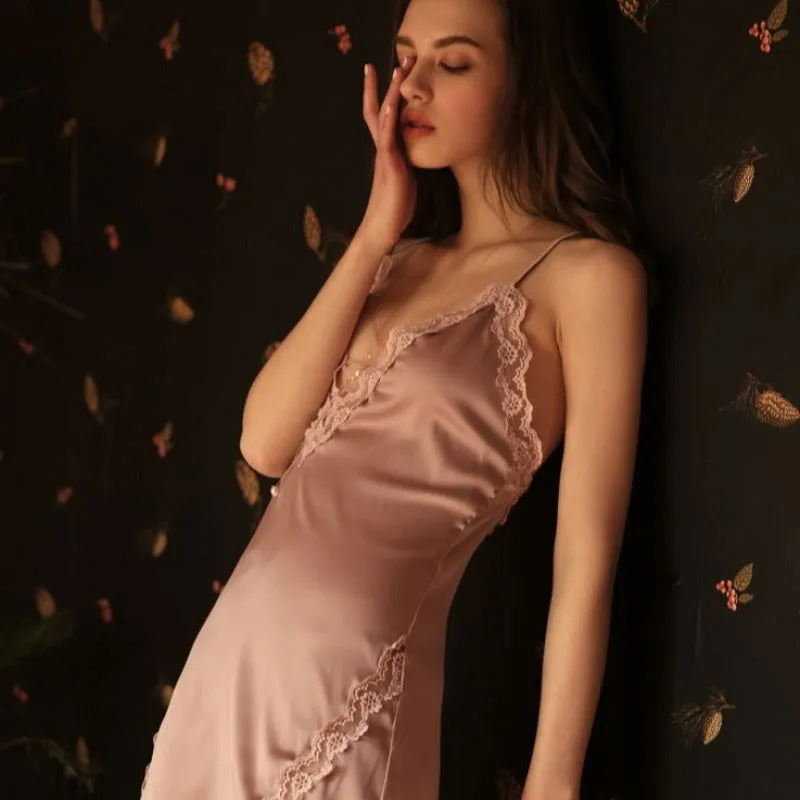 Silk Nightgown with Deep Laced up V-Neck