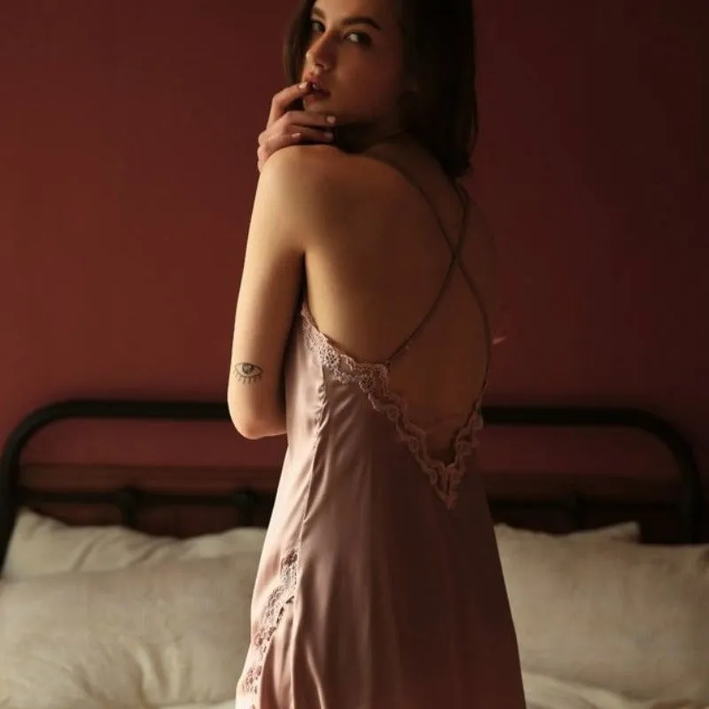 Silk Nightgown with Deep Laced up V-Neck