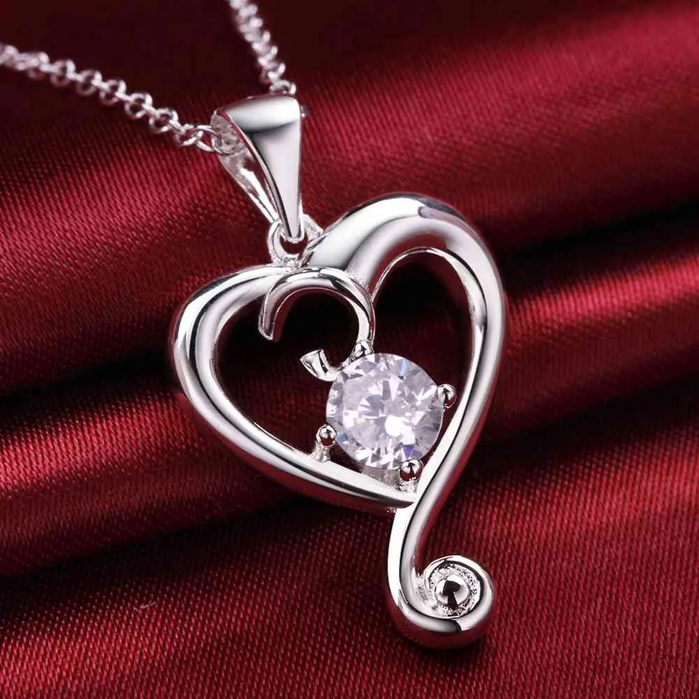 silver plated Chain heart white stone Necklaces Pendants Men jewelry 6 3 ELY