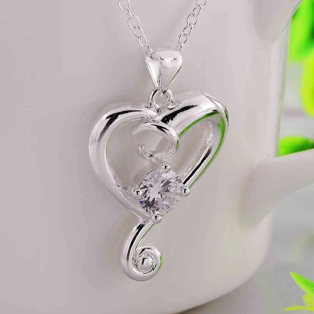 silver plated Chain heart white stone Necklaces Pendants Men jewelry 6 3 ELY