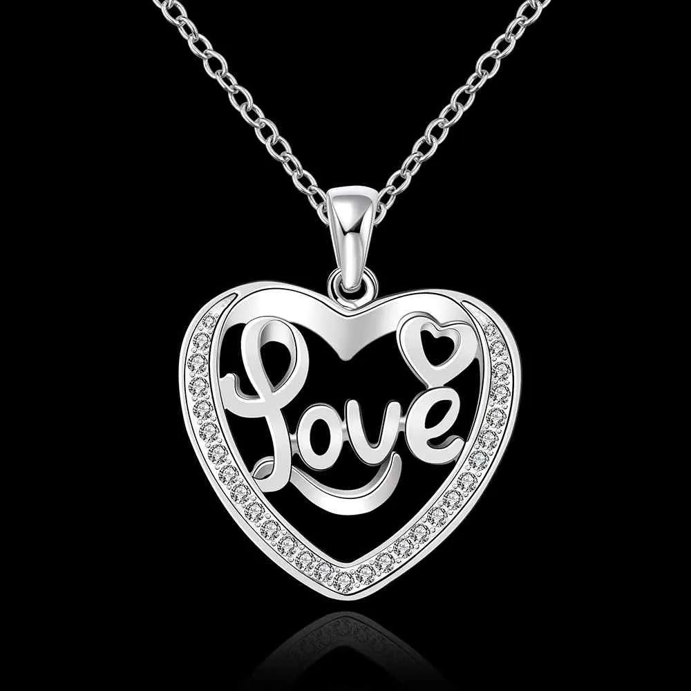 silver plated Chain love word in heart Necklaces Pendants Men jewelry 634 ELY