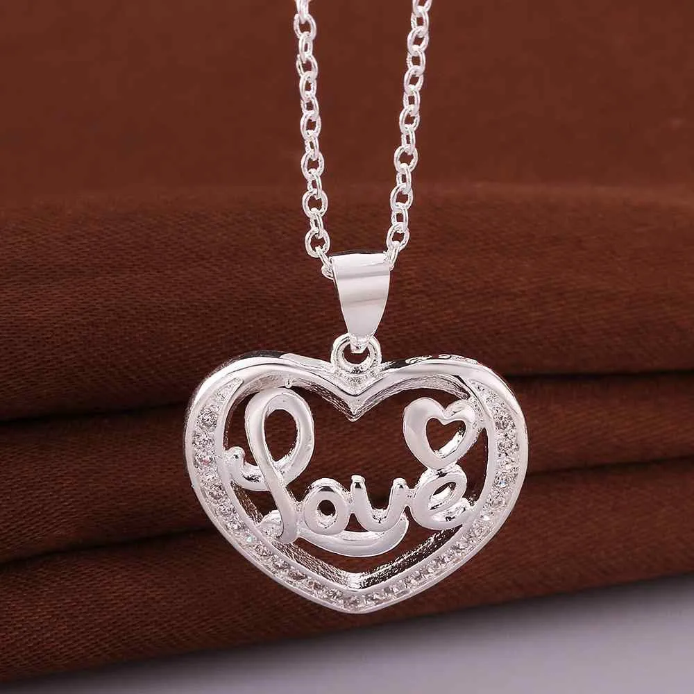 silver plated Chain love word in heart Necklaces Pendants Men jewelry 634 ELY