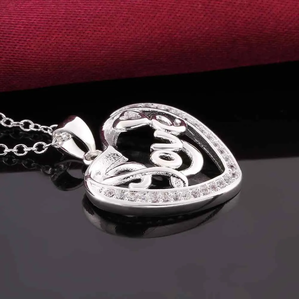 silver plated Chain love word in heart Necklaces Pendants Men jewelry 634 ELY