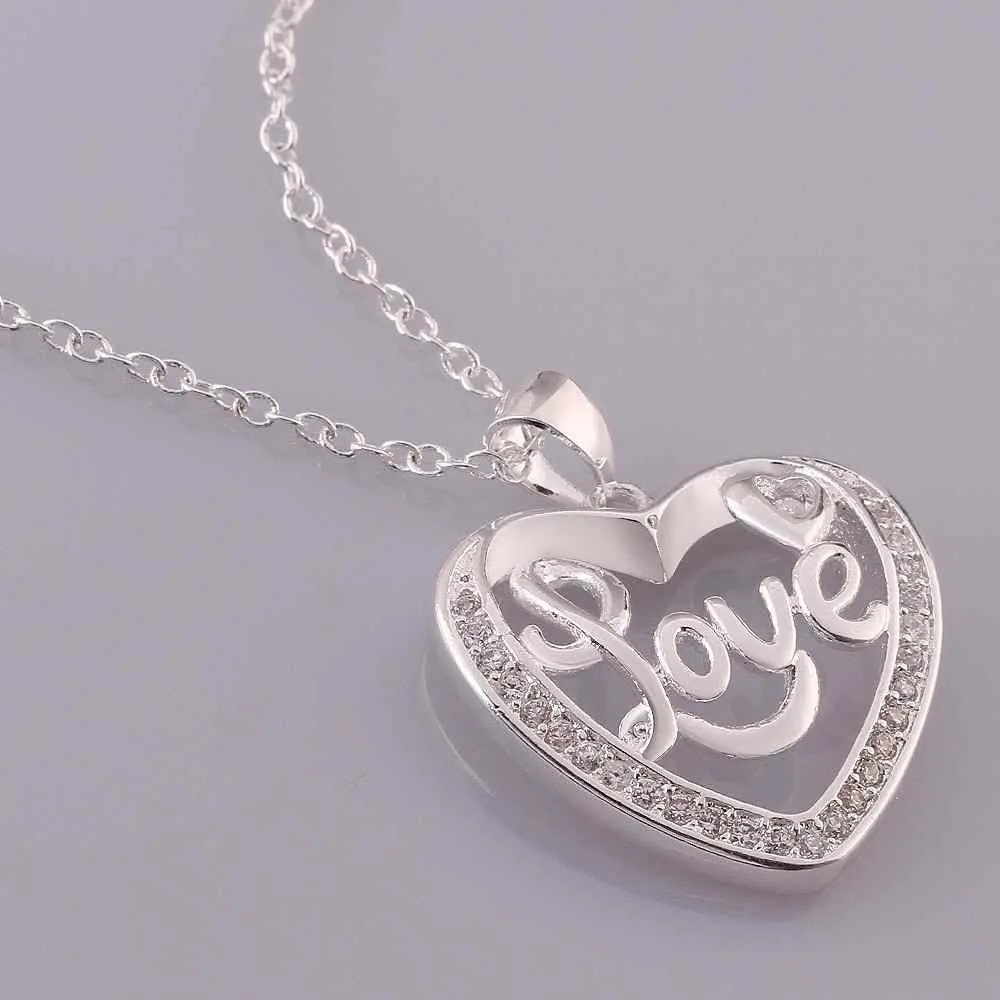 silver plated Chain love word in heart Necklaces Pendants Men jewelry 634 ELY