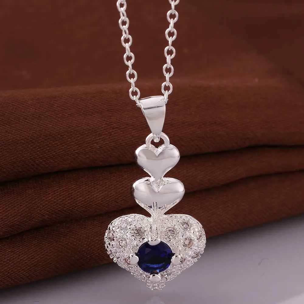 silver plated Chain three heart and heart Necklaces Pendants Men jewelry 64 ELY