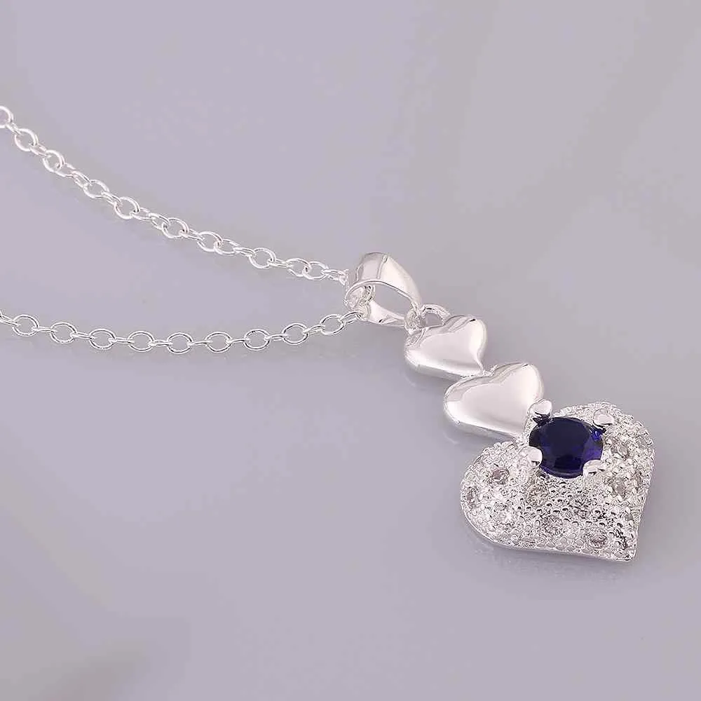 silver plated Chain three heart and heart Necklaces Pendants Men jewelry 64 ELY