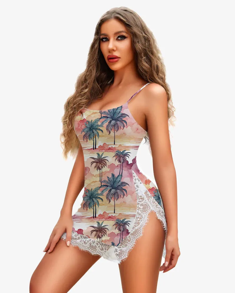 Sunset Palm Trees Lace Side Slit Dress