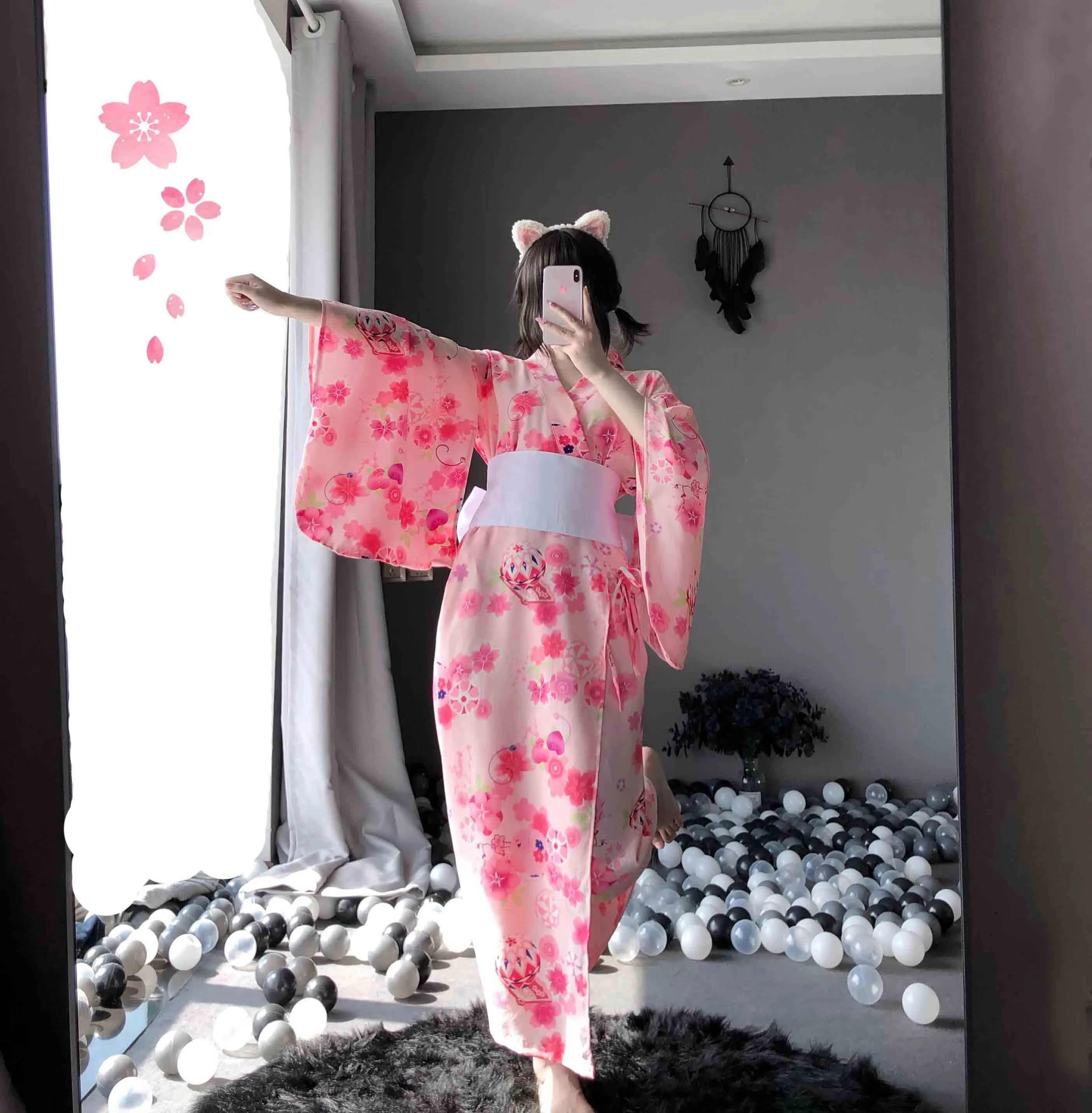 T-1140 Erotic lingerie chiffon vintage print kimono