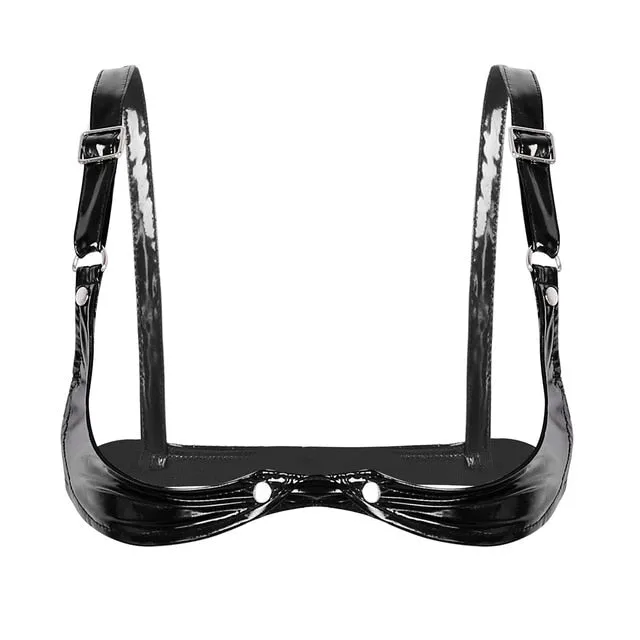 TiaoBug Women Adjustable Spaghetti Straps Open Cup Bra Tops Black Faux Leather Hot Sexy Club Bralette Crop Top Erotic Lingerie