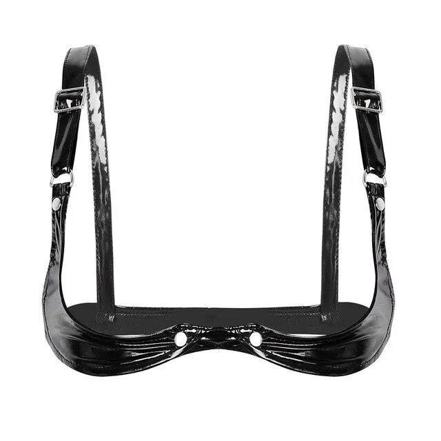 TiaoBug Women Adjustable Spaghetti Straps Open Cup Bra Tops Black Faux Leather Hot Sexy Club Bralette Crop Top Erotic Lingerie