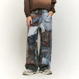 Vintage Patchwork Digital Printing Jeans American Street