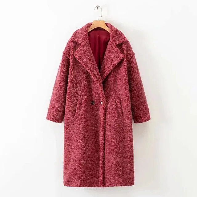 Winter red pink teddy coat women faux fur coat vintage Thick Warm long winter coat women teddy jacket lady Lambswool outwear