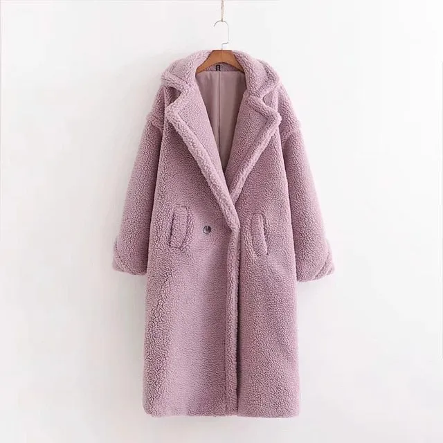 Winter red pink teddy coat women faux fur coat vintage Thick Warm long winter coat women teddy jacket lady Lambswool outwear