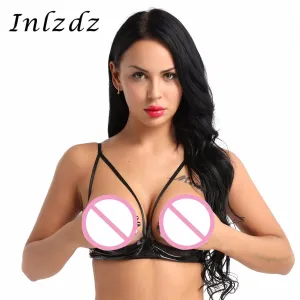 Womens Lingerie Latex Bra Top Lingerie Leather Wire-free Unlined Bra Soft Sheer Adjustable Spaghetti Straps Open Cup Exotic Bra