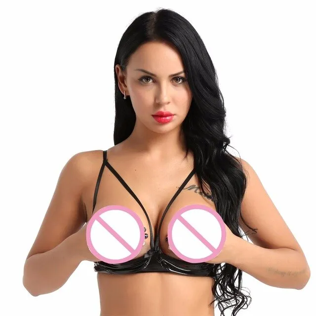 Womens Lingerie Latex Bra Top Lingerie Leather Wire-free Unlined Bra Soft Sheer Adjustable Spaghetti Straps Open Cup Exotic Bra