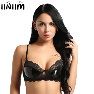 Womens Sexy Clubwear Black Soft Adjustable Spaghetti Straps Lingerie Exotic Nightwear Lace Faux Leather Wire-free Unlined Bra