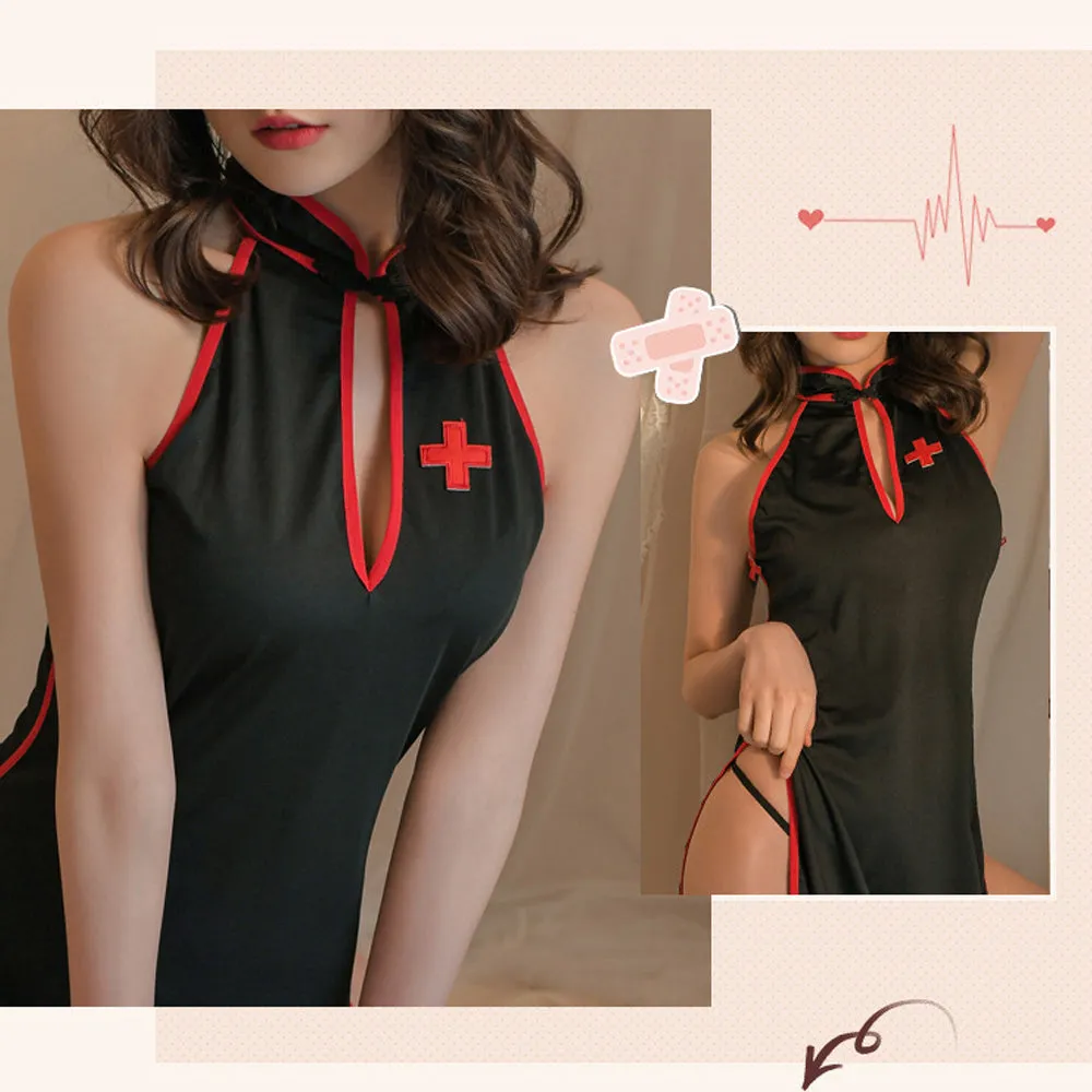 Yomorio Nurse Costume High Slit Cheongsam Dress Vintage Black Cosplay Lingerie Dress